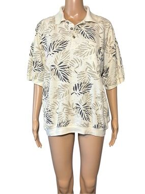 SRT Easy Care Men’s Polo Shirt Size L Beige Tropical Leaf Print Short Sleeve